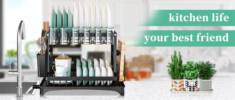 【New Year Deals】Bepatio Double-Layer Kitchen Countertop Drain Rack, Metal Material, with Drain Board, Can Hold Tableware, Carbon Steel Material, Kitchen Storage Rack