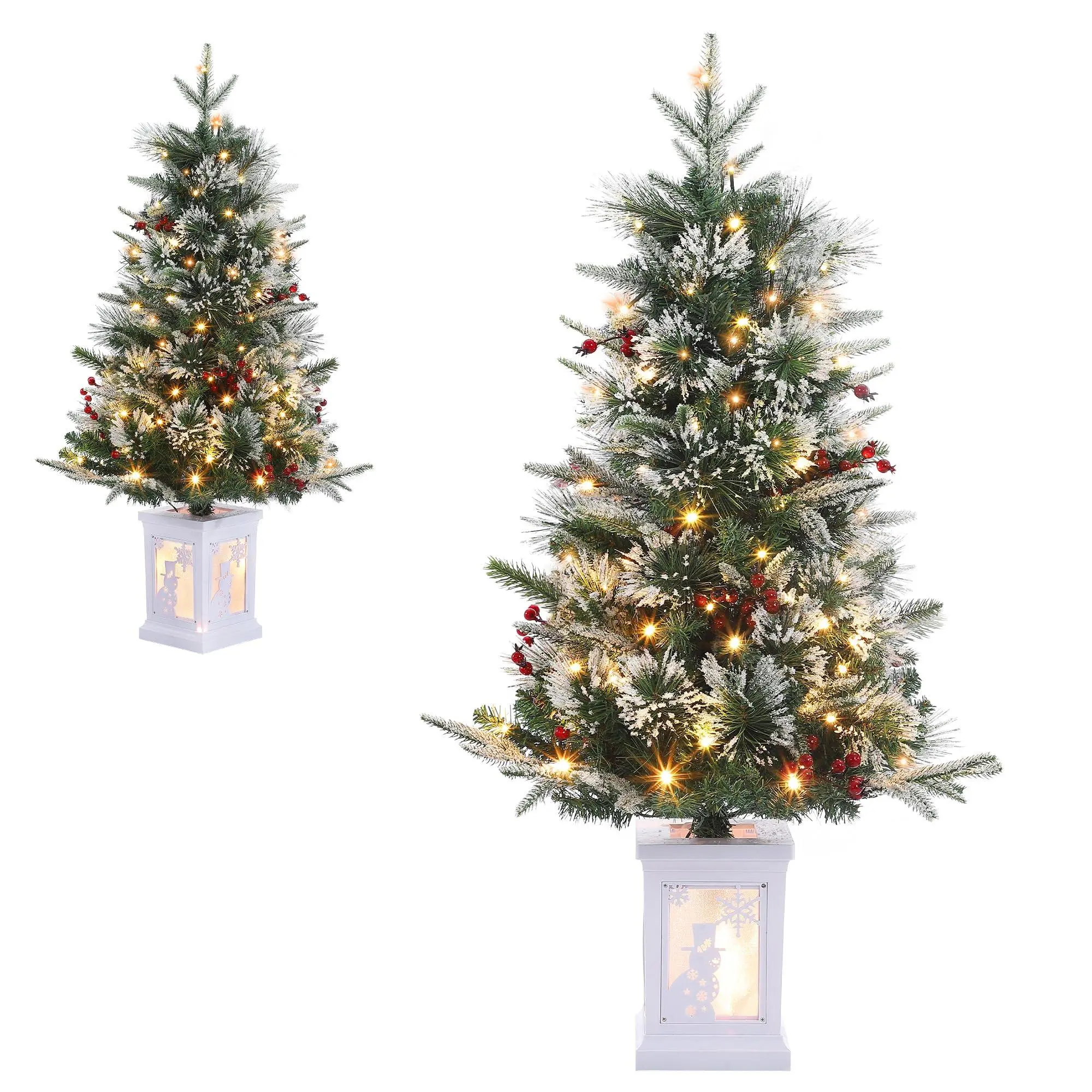 3FT Flocked Small Christmas Tree Set of 2 Artificial with Warm White LED Light Snowman Base Outdoor Indoor for Winter Holiday Décor