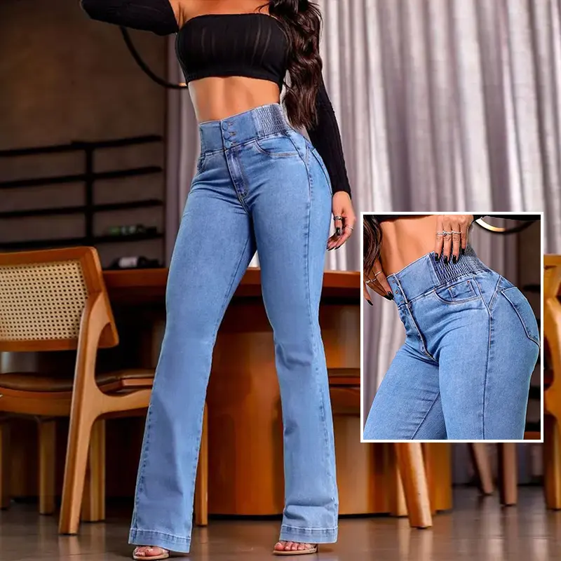 CHICME 2026 Women's Back Shirred Button Front Jeans High Waist Pants with Pockets/High Waist Button Front Shirred Jeans