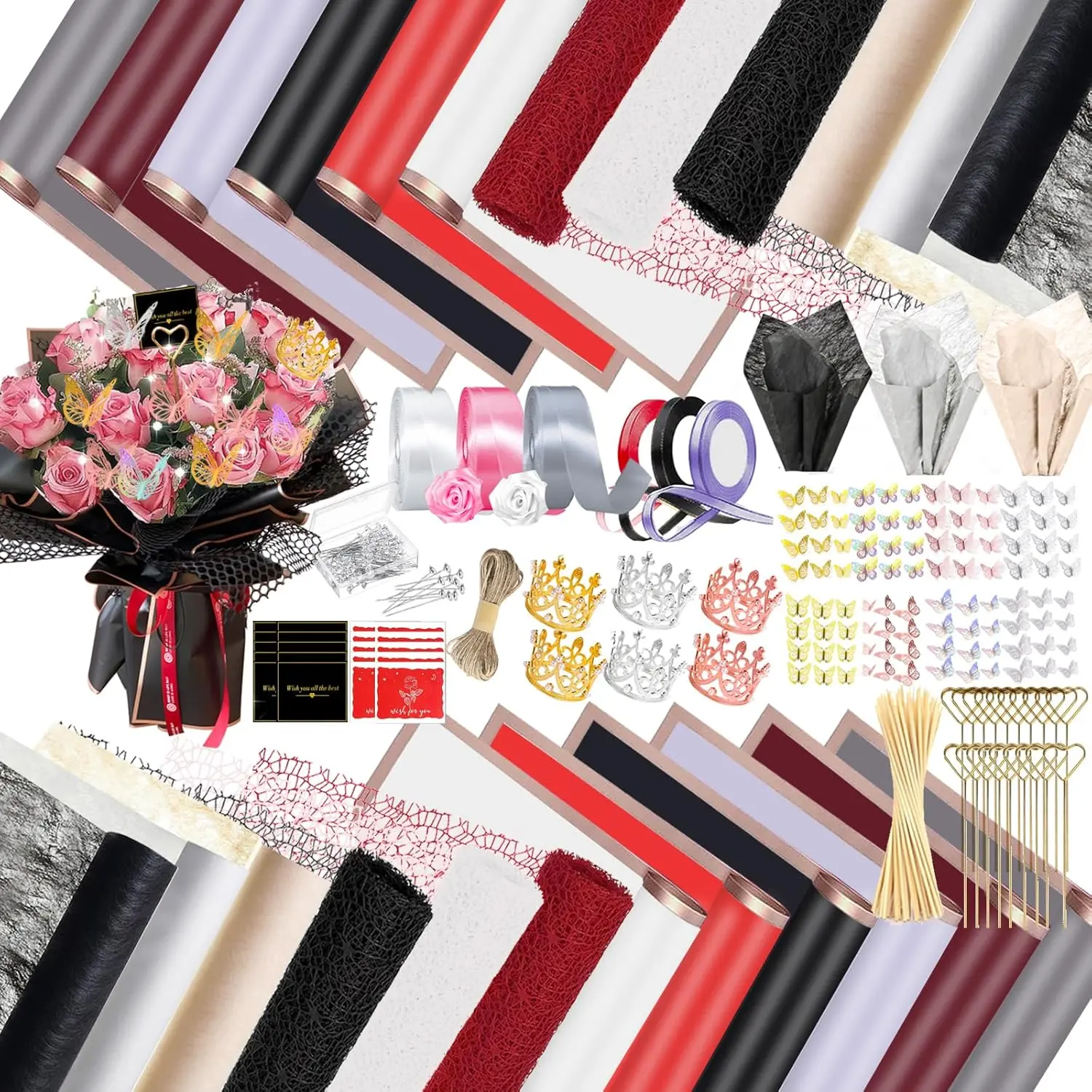 512-Piece Flower Wrapping Paper Kit with Bouquet Box - 120 Sheets (11.8in*11.8in,19.7in*177in), 3D Butterfly Decor Crowns, Bouquet Pins, Ribbons, 20Pcs Metal Floral Cards, 1pcs 2.1in Rope - Women's DIY Party Gift Supplies for Mother's Day, Valentine's Day