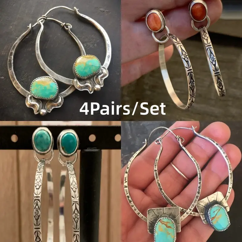 4Pairs/Set Vintage Metal Circle Green Stone Earrings Bohemian Jewelry Antique Silver Color Hollow Round Drop Earring for Women Fancy Kingman Turquoise Hoops Earrings
