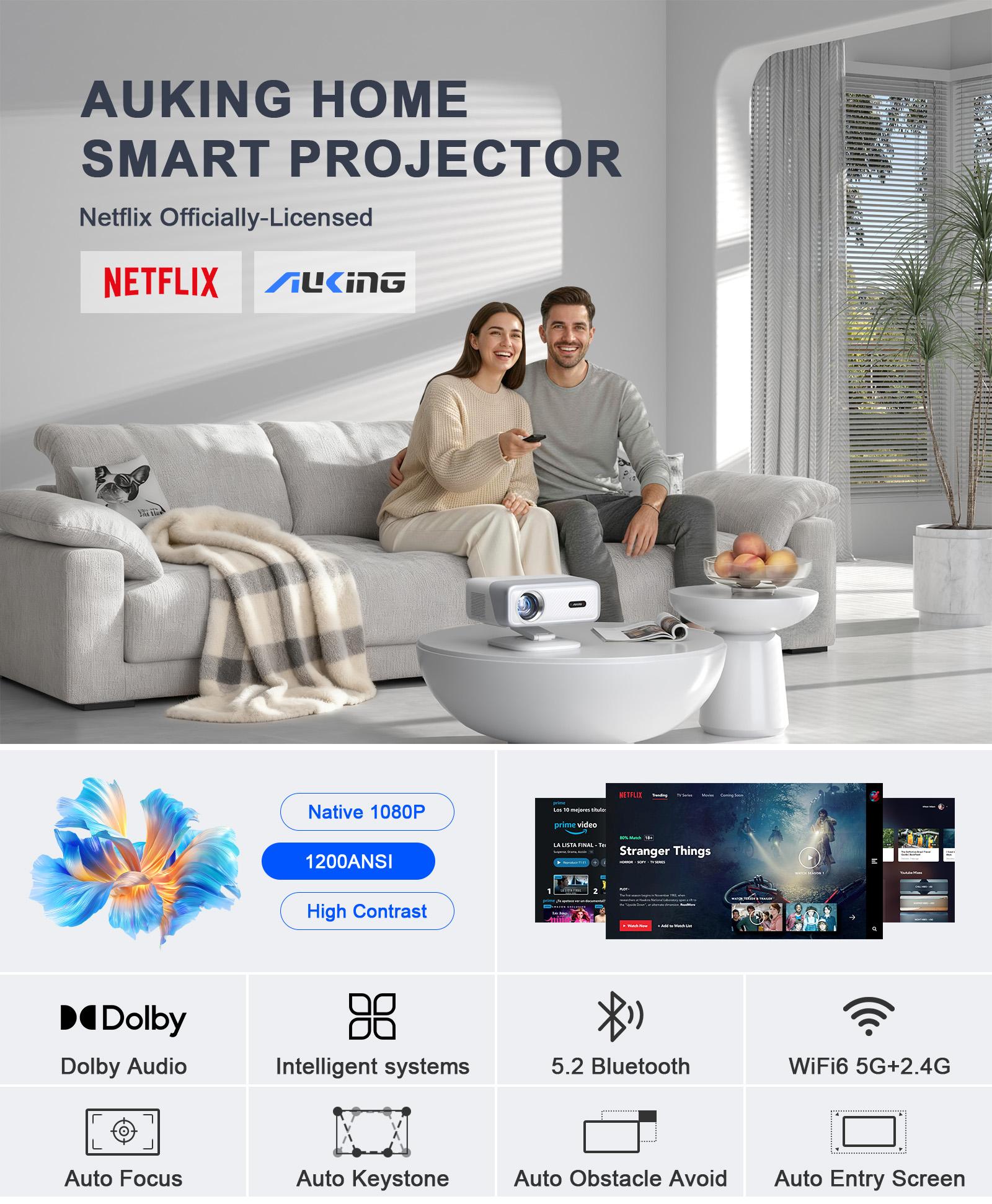 AuKing Native 1080P 1000 Ansi lumen Projector with Netflix Officially, 3D DoIby Sound Auto Focus and Auto Keystone Video Projector, WiFi and Bluetooth Movie Projector, Huge Display and 50% Zoom AuKing Native 1080P 1000 Ansi lumen Projector with Netflix Officially, 3D DoIby Sound Auto Focus and Auto Keystone Video Projector, WiFi and Bluetooth Movie Projector, Huge Display and 50% Zoom
