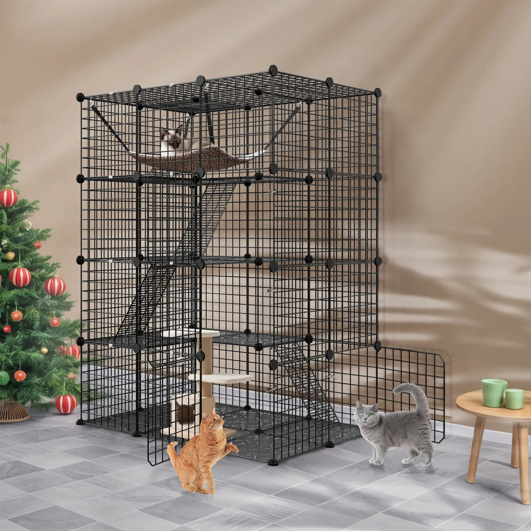 Segawe 4-Tier Enclosed Metal Wire Small Animal Playpen Cage - Escape-Proof Crate Kennel, Indoor-Outdoor Safe Habitat for Bedroom, RV, with Plush Hammock
