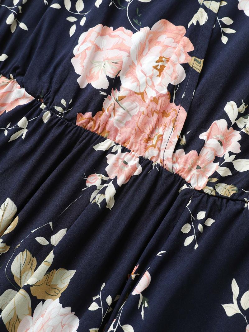 BLOOMCHIC Bloom Dress - Half Ruffle Sleeve V-Neck Maxi Dress in Navy, Dark Blue, Dusty Pink, Light Green, Raspberry - Boho Holiday Style for Summer - Regular Fit Long Casual Rayon with Floral Pocket & Snap Closure Womenswear Fabric