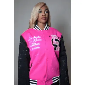 Ranesha Hot Pink/Black Rhinestone Varsity Jacket