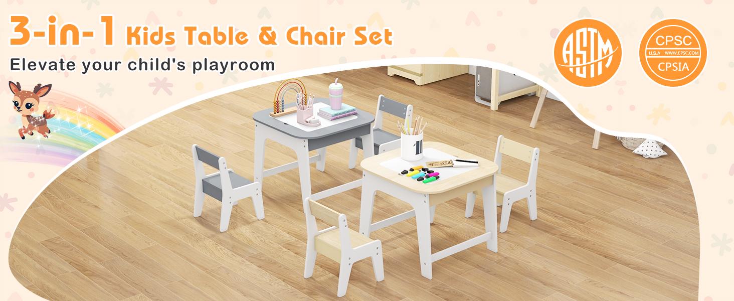 Costzon Kids Table and Chair Set, 3 in 1 Wooden Activity Table with Storage Space, Detachable Tabletop for Playroom, Nursery,Christmas Festival Gift Black Friday Cyber Monday