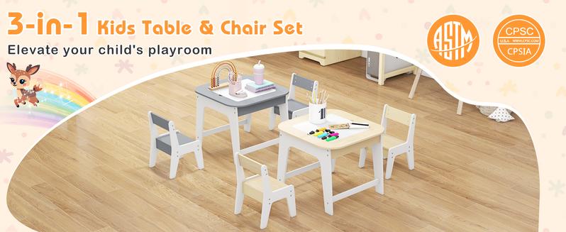 Costzon Kids Table and Chair Set, 3 in 1 Wooden Activity Table with Storage Space, Detachable Tabletop for Playroom, Nursery,Christmas Festival Gift Black Friday Cyber Monday