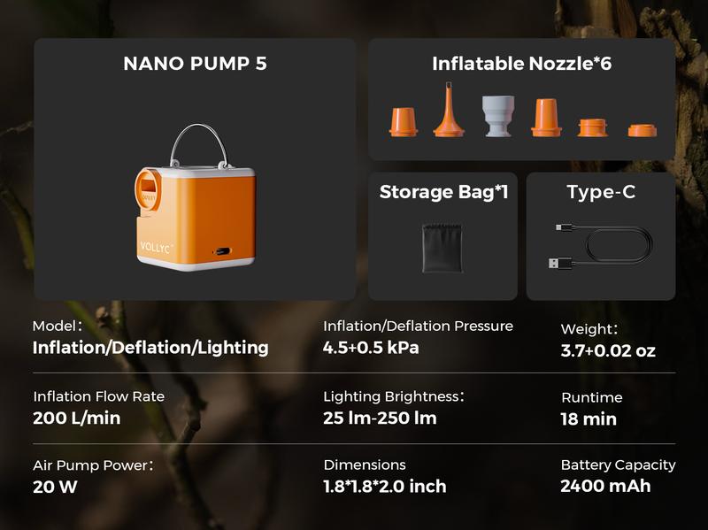 VOLLYC 4.5kPa Portable Air Pump for Inflatables, Ultra Powerful Mini Air Mattress Pump with Light, 2400mAh Electric Camping Air Pump Camping Gear for Pool Float,Air Mattress,Vacuum Storage Bags