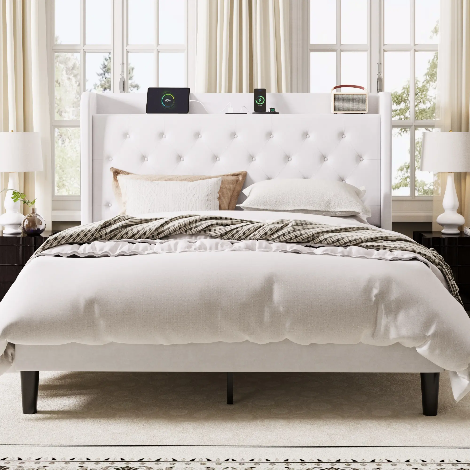 MUTICOR Full/Queen/King Size Bed Frame with Charging Station and Storage, Upholstered Platform Bed, No Box Spring Needed, Deep Grey/Grey/White/Black