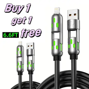 [Buy 1 Get 1 Free] 4-in-1 Multi USB Charging Cable 6.6ft, 65W Fast Charging Cable with USB A/Type C/Lightning, Data Sync & Breathing Light, Compatible with iPhone 16/15/iPad Pro/Samsung