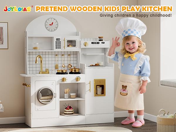 Kids Play Kitchen Set with Sound & Light Pretend Wooden Playset for Kids Age 3+ Includes Oven Washing Machine & Toy Coffee Station