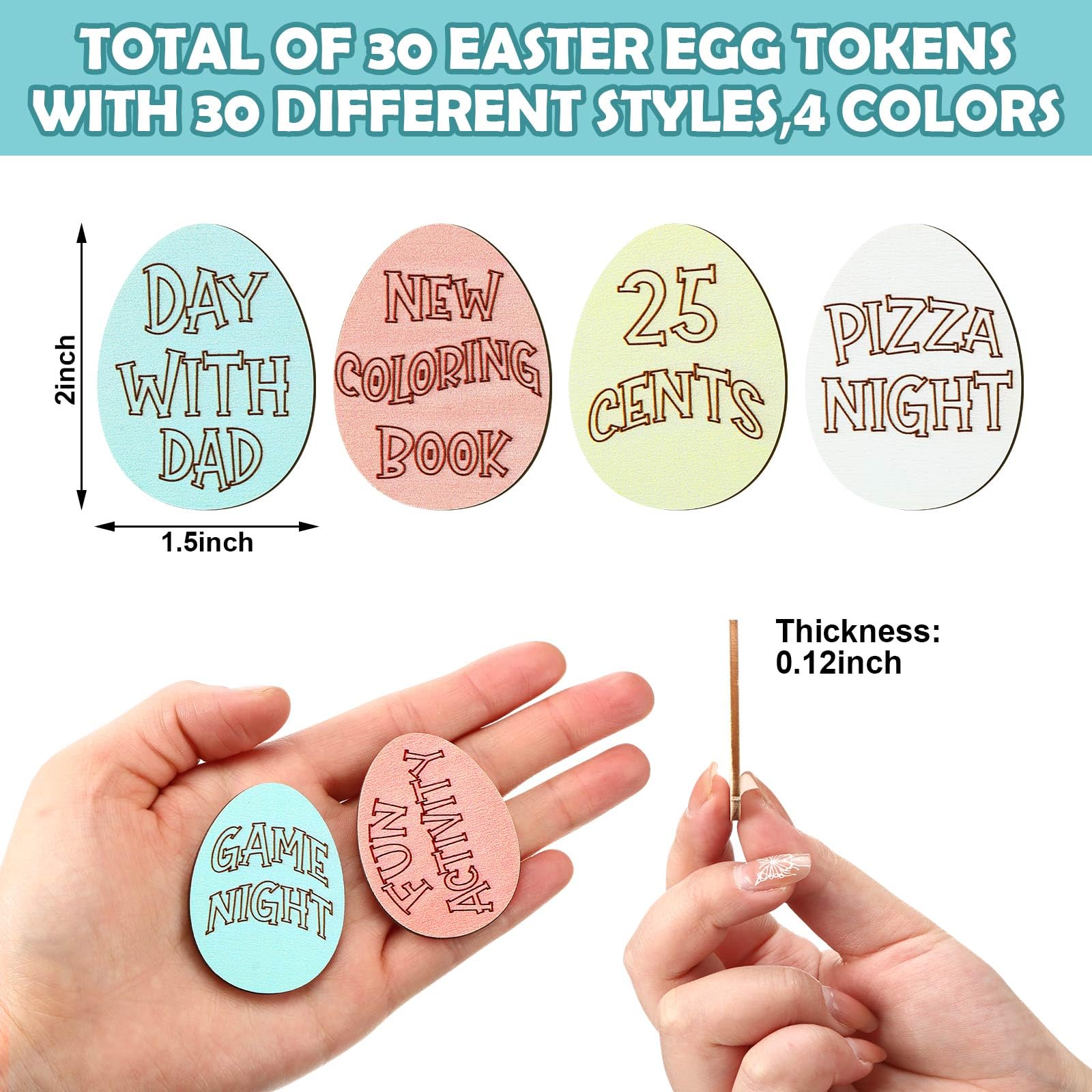 Easter Egg Tokens 30/120 Pcs Reusable Wooden Reward Tokens with 20 Engraved Sayings + 4 Gift Bags - Kids Teens Classroom Prizes Non-Candy Easter Basket Stuffers Spring Party Supplies Set