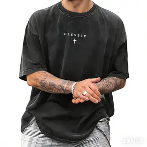 "BLESSED" Christian cotton street retro style fashion trend fried snowflake T-shirt men's tops