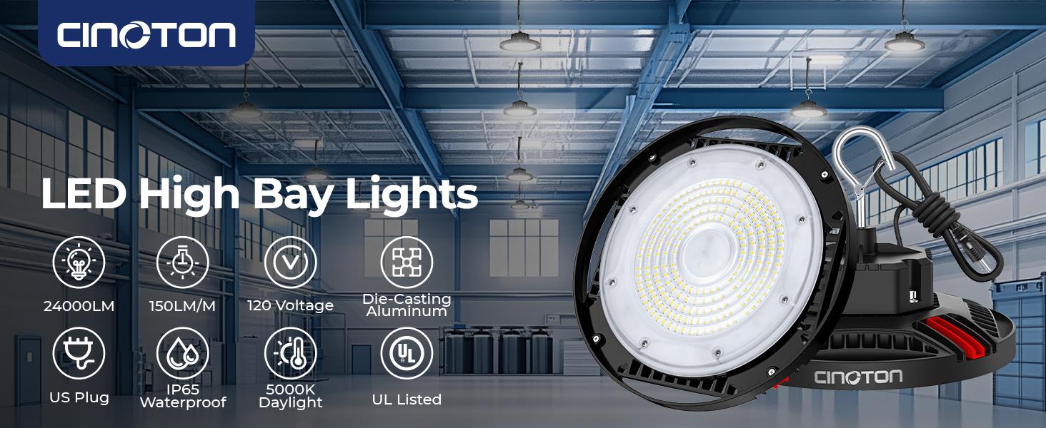CuLiDing UFO LED High Bay Light, 24000LM Super Bright Shop Lights, 700W MH/HPS Equivalent, 5000K Daylight, US Plug with 6ft Cord, IP65 Waterproof Commercial Warehouse Lighting for Factory, Garage, Barn, Workshop