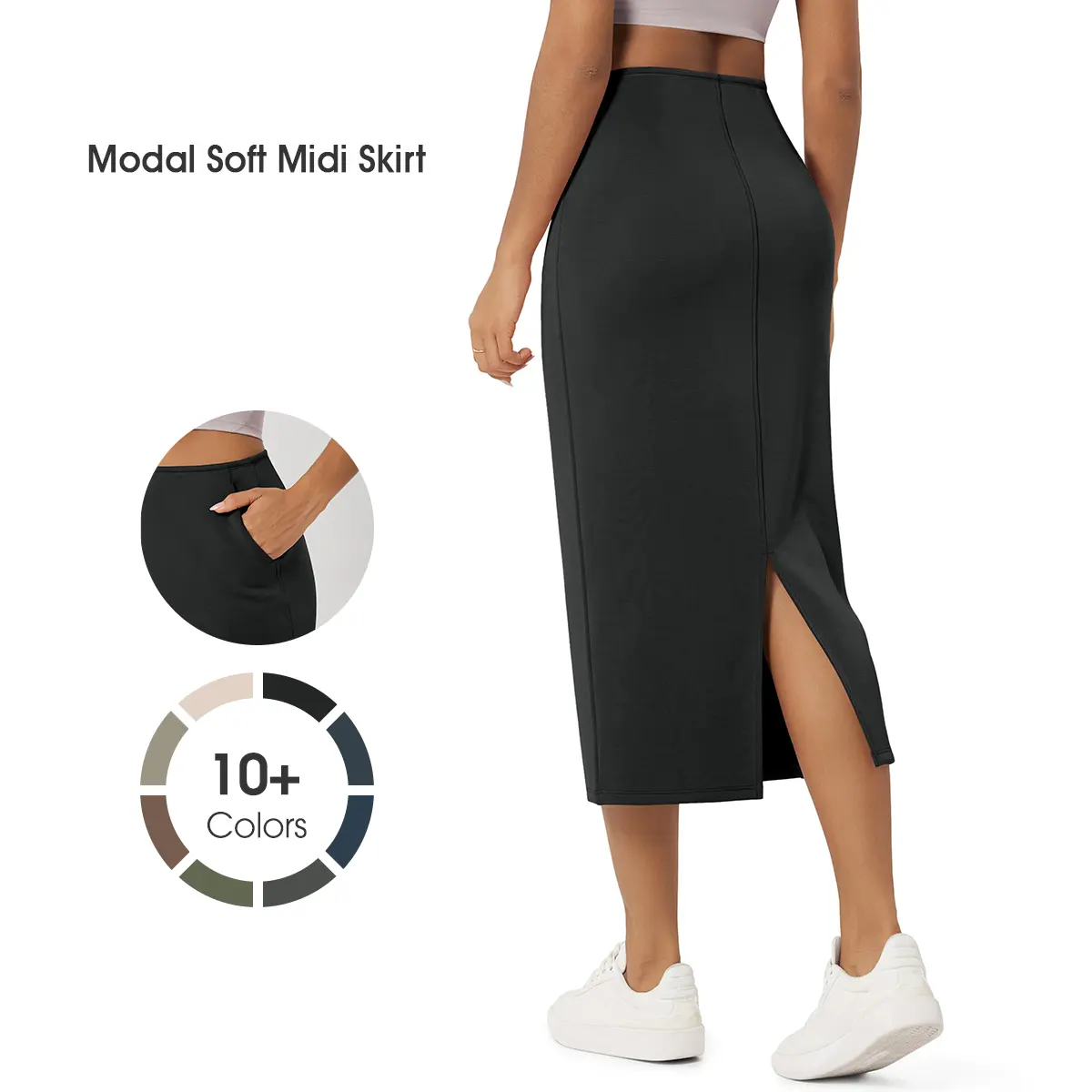 ODODOS Women's High-Waist Midi Pencil Skirt - High Waistband, Mid-Length Cut, Soft Modal-Polyester Blend Fabric, Back Slit, Pockets, Comfy Casual Wear