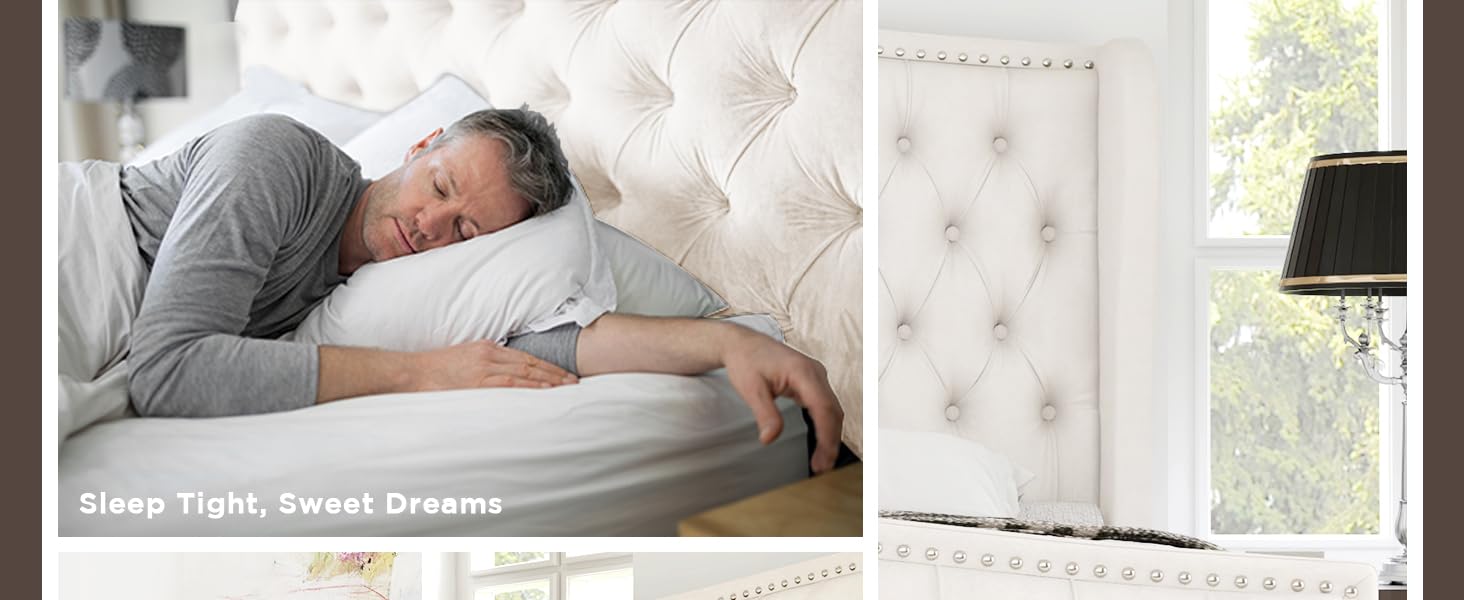 AMERLIFE  Platform Bed Frame,Velvet Upholstered Bed with Deep Button Tufted &Nailhead Trim Wingback Headboard/No Box Spring Needed/Christmas Gift