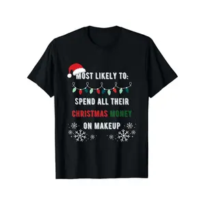 Men'S Funny Matching Family Christmas T-Shirt - "Most Likely to Spend All Their Christmas Money on Makeup" Slogan, with Lettering & Snowflake Design, Casual Round Neck Holiday Outfit for Family Matching Outfits, Funny Xmas Party Apparel Tshirt
