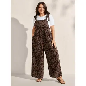 Women's plus size sleeveless leopard print jumpsuit, wide leg pants with pockets and adjustable ties, summer casual dating style