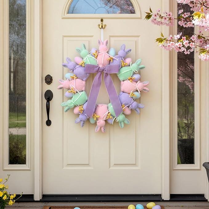 Easter Decorations Easter Flocked Bunny Wreath with Colorful Easter Eggs & Bows Rustic Spring Hanger Wall Wreath Decor for Front Doors Home Farmhouse Porch Wall Indoor Outdoor Window Bunny Decorations Party Backdrop Door Wreath