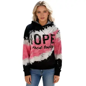 Women's "NOPE Not Today" Tie-Dye Hooded Sweatshirt - Black Pink Ombre Tie Dye Print Long Sleeve Hoodie with Kangaroo Pocket, Casual Loose Fit Pullover for Street Style & Everyday Comfort