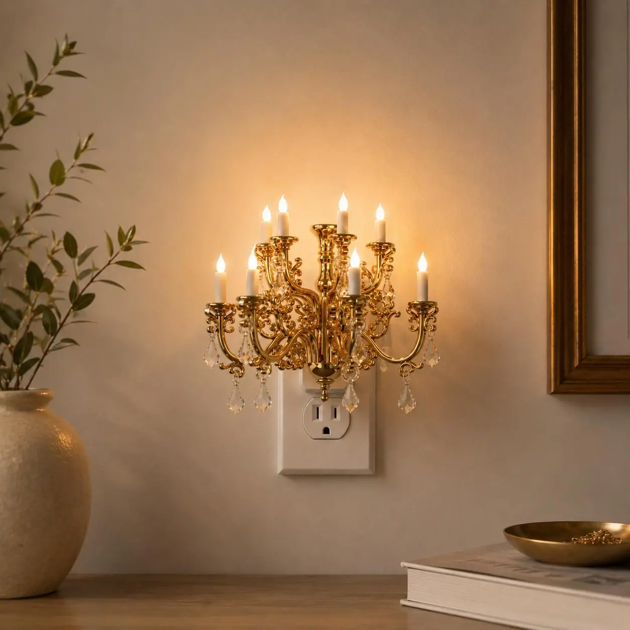 [Ideal Gift] DORESSHOP Vintage Mini Chandelier Night Light with Dusk to Dawn Sensor, Adjustable Brightness, Warm White Plug-in Wall Light for Bedroom, Bathroom, Hallway & Home Decor