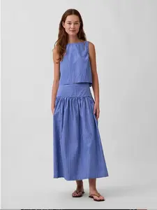 Poplin Drop-Waist Maxi Skirt Color Blue Stripe