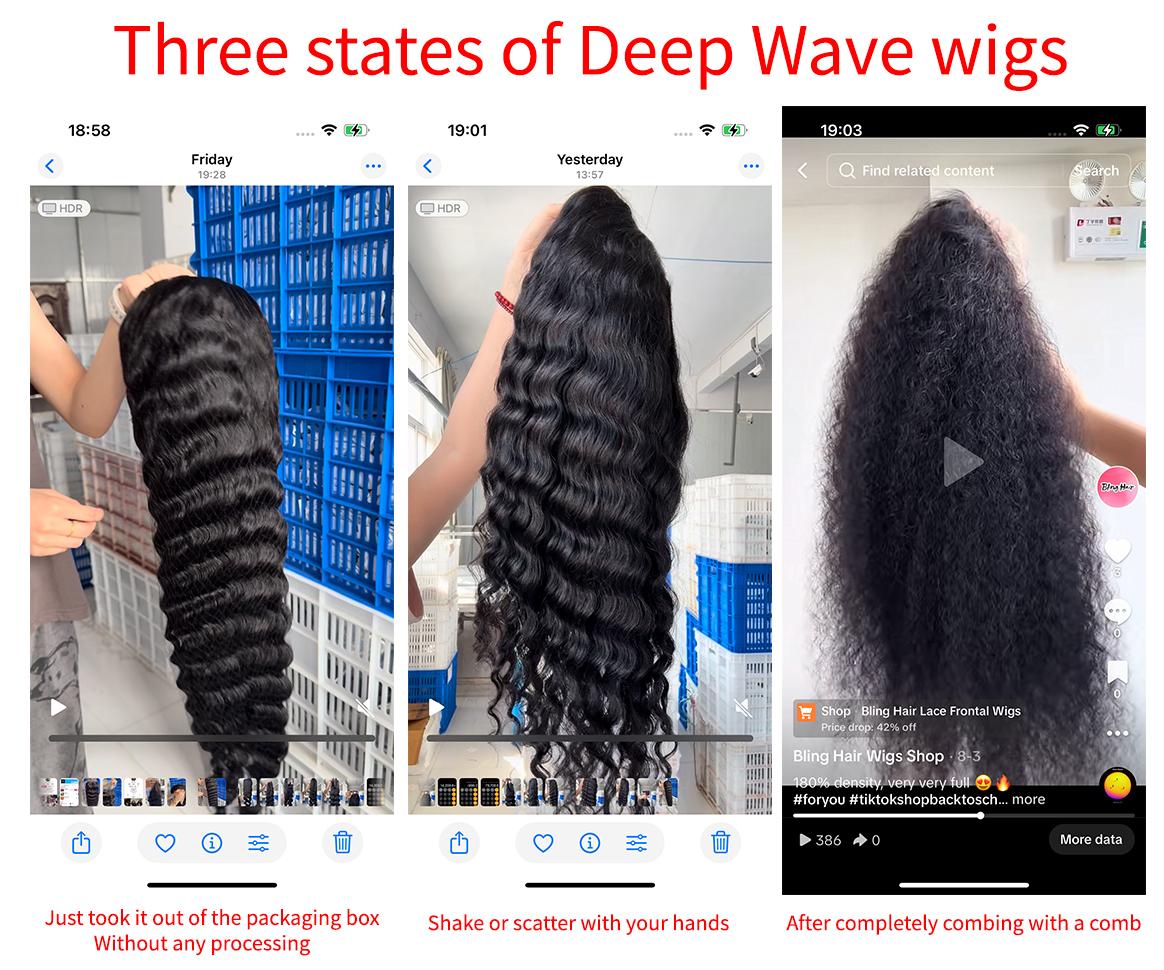 Bling Hair V Part Wigs Deep Wave With Invisible Strap Drawstring 100% Human Hair Glueless Wig Deep Wave Natural Hairline Beginner Friendly 180% Density Curly Wigs For Women Natural Black