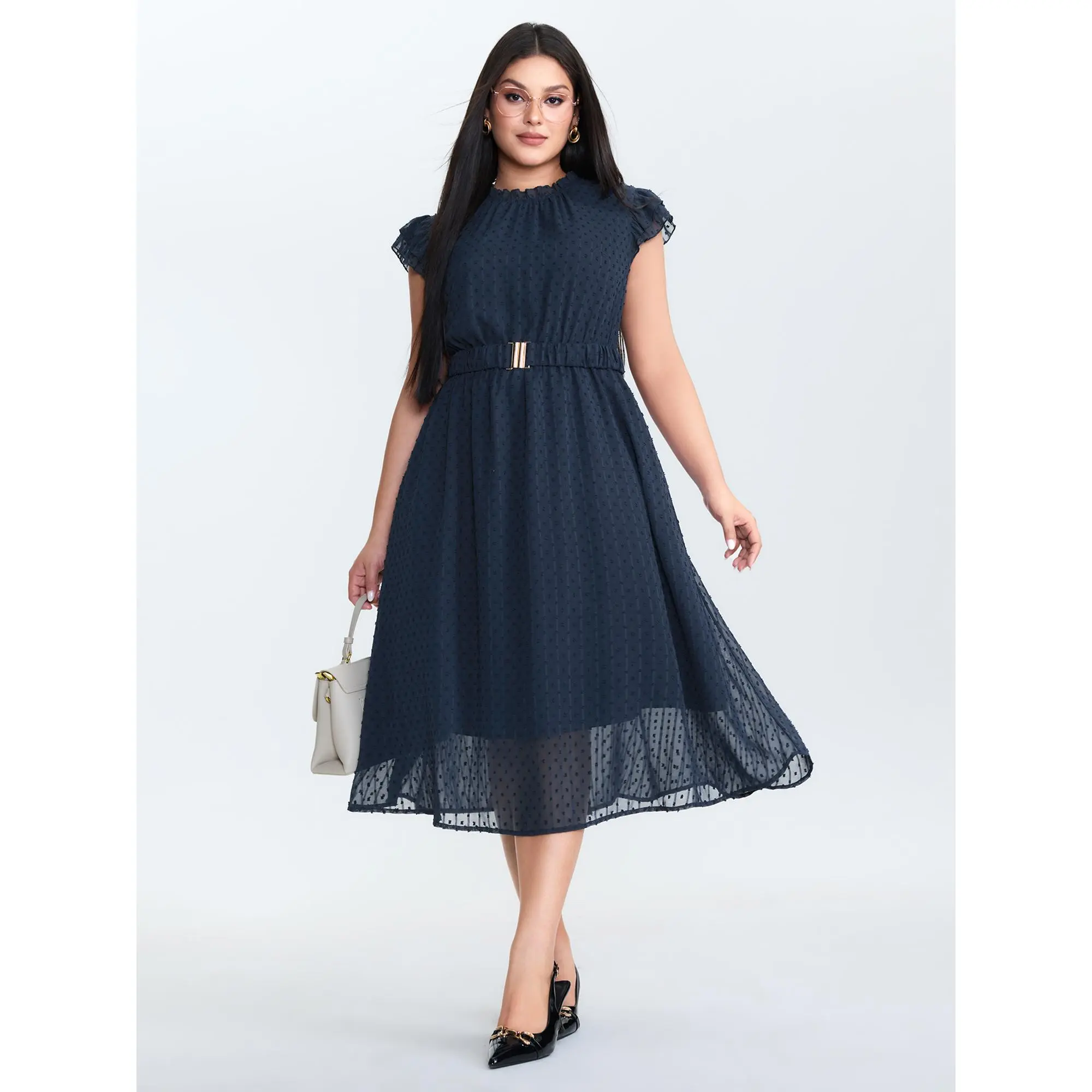 【Easter's Haul】【Tammy Control】 Bloomchic Textured Sheer Ruffled Mock Neckline Midi Dress2026 Spring Break Gift For Easter's Day Mother's Day 2026 Spring Break Gift For Easter's Day Mother's Day