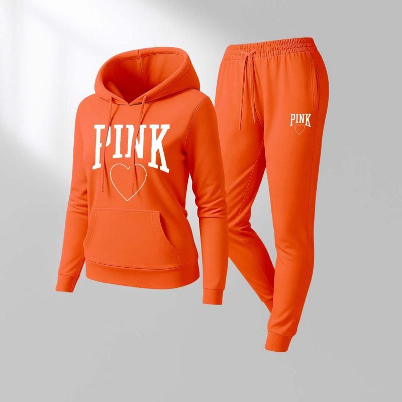Women's Pink Heart Print  Hoodie And Drawstring Track Pants Set, Casual Sportswear, Long-Sleeved Hooded Jacket And Pants, Suitable For Autumn And Winter, Everyday Wear, Indoor And Outdoor Sportswear, Casual Sportswear.