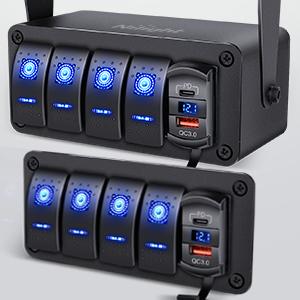 Nilight 4 Gang Rocker Switch Box 12V SPST ON Off Switch PD Type C and QC 3.0 USB Charger Voltmeter Waterproof Aluminum Rocker Switch Panel DIY Stickers for Boats Cars RVs Trucks Lighting