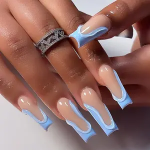 Melted Sky Blue Square French Tip Decorative Press On Nails