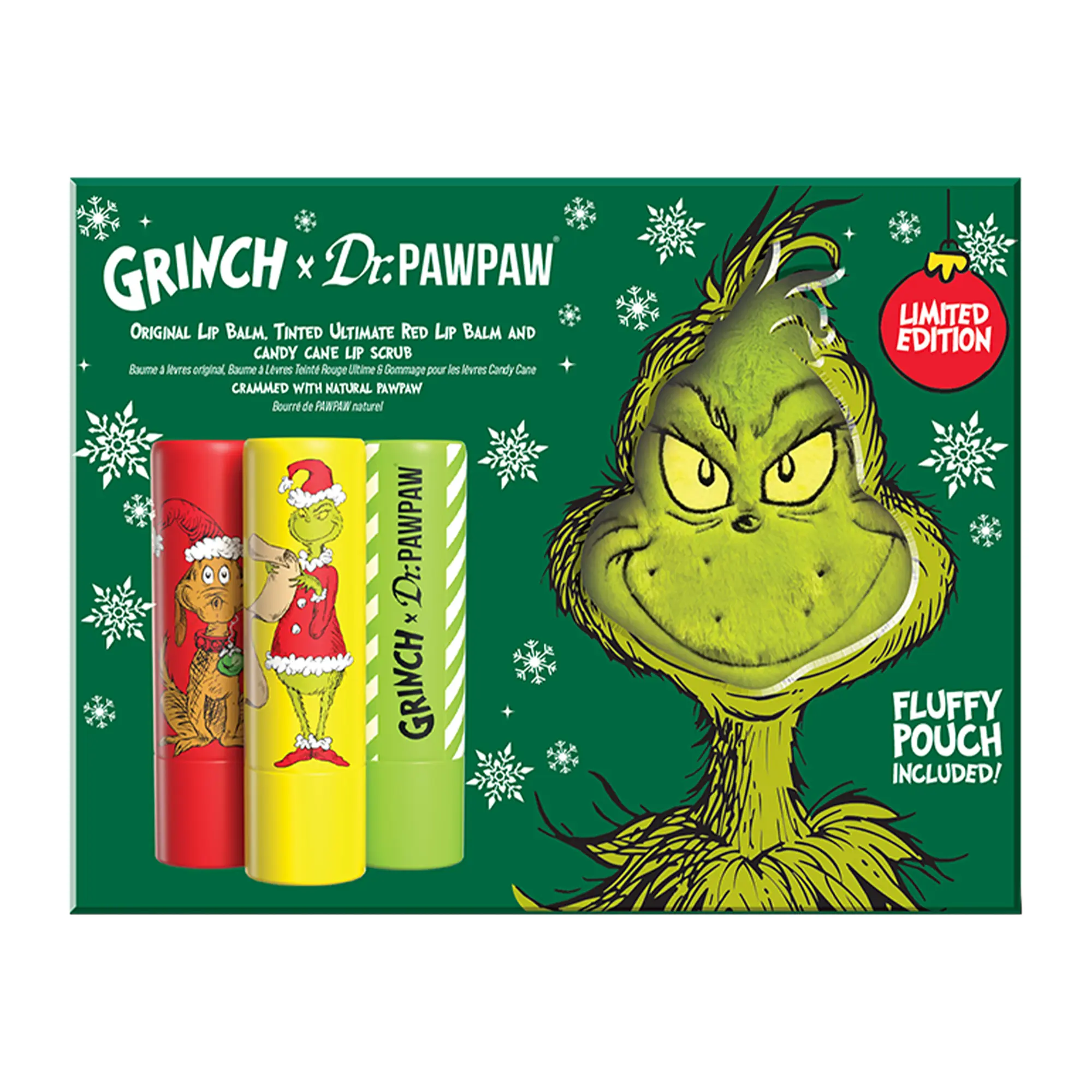Dr. PawPaw The Grinch  Set - Original, Ultimate Red, Candy Cane - Lip Scrub and Natural corti Lip Balm - Gluten Free Care to Exfoliate and Moisturize - 3 pc Holiday Wellness Skincare