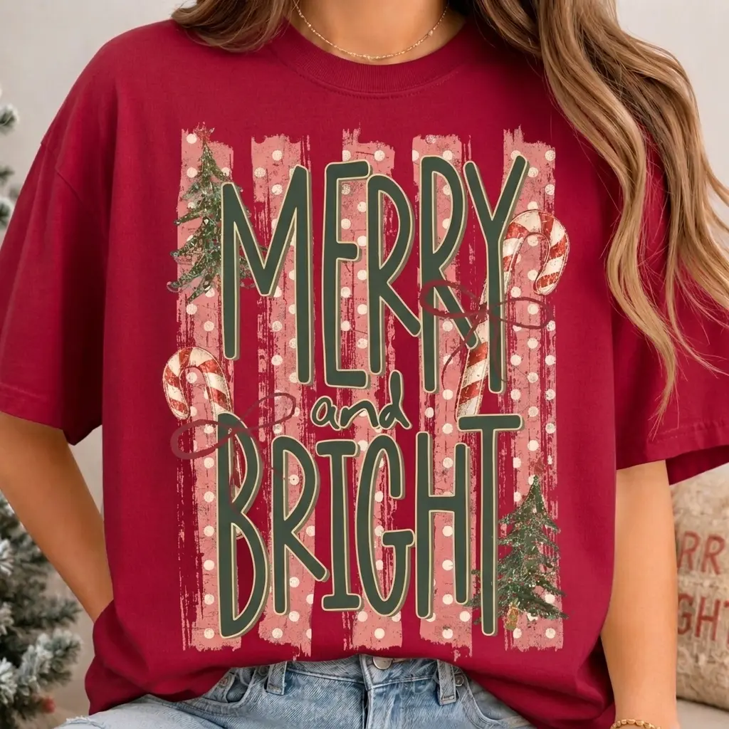 Merry and Bright Christmas Comfort Colors Shirt, Cute Candy Cane Tree Graphic Tee, Pink Holiday Shirt for Women