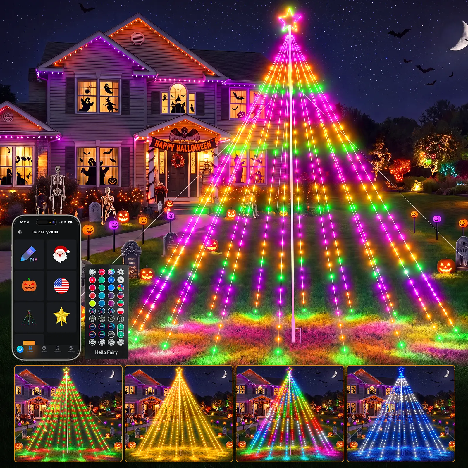 AVATAR CONTROLS Smart Outdoor RGB Star String Lights with Pole - 12/14FT, 740 LEDs, App & Remote Control, Color Changing, Music Sync, Timer, Waterproof LED Mood Light, Party Decoration Supplies for Halloween, Birthday, Lawn