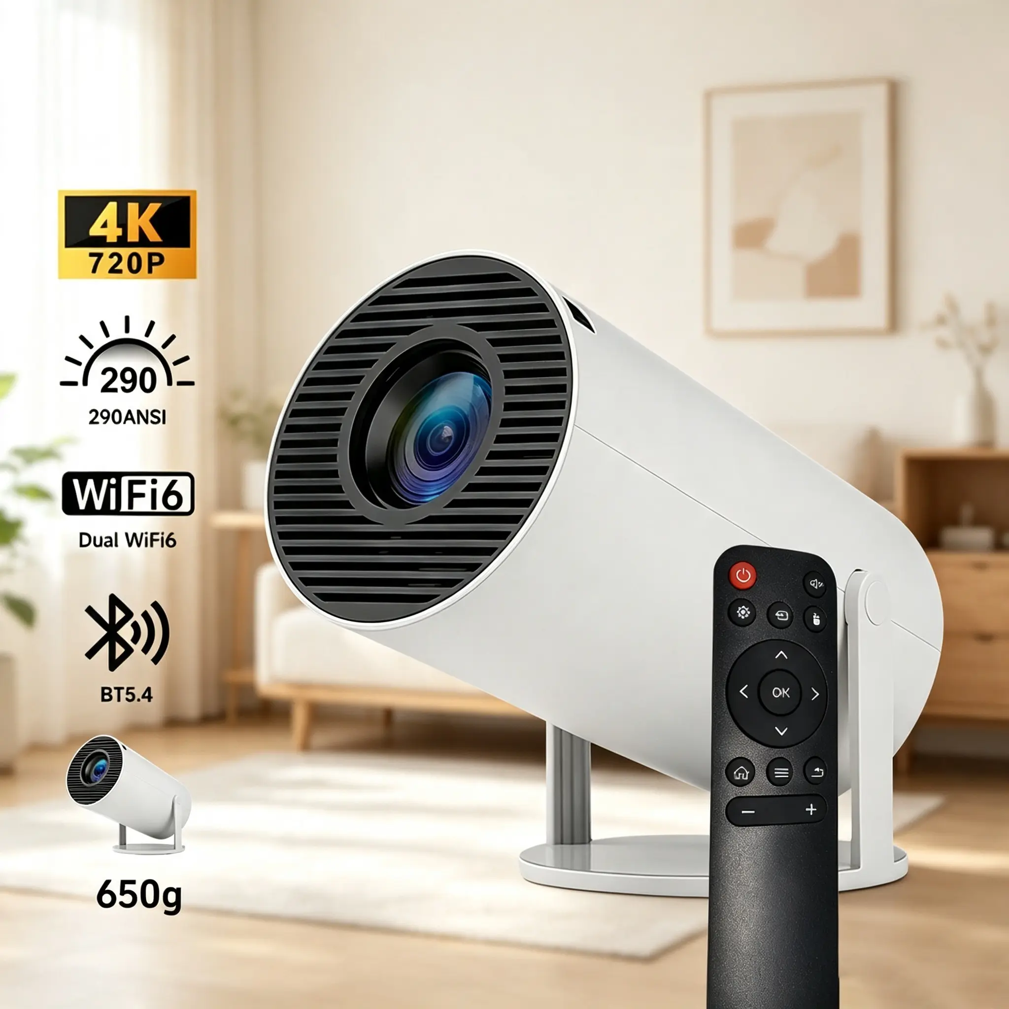 Mini Portable Tabletop LED Pico Smart Projector - 720P Full HD, 290 Lumens, Wireless Bluetooth 5.4, WiFi, Android OS, Auto Keystone, 180° Rotatable, 130" Screen, Built-In Audio Speaker, Remote Control, Mount Compatible for Game Use, Watch Parties