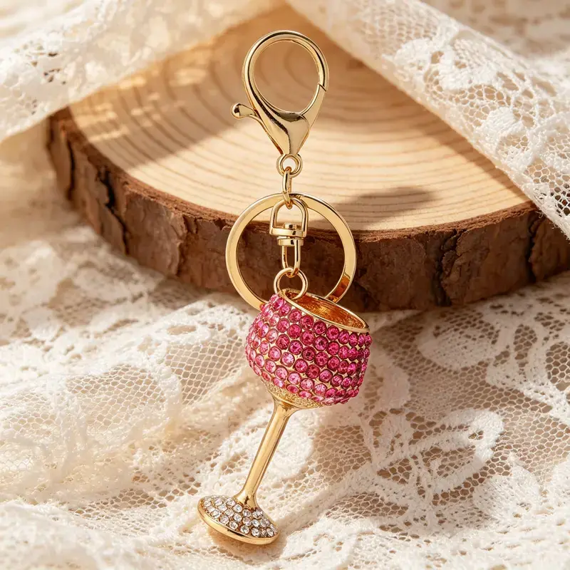 Durable Miniature Portable Wine Glass Shaped Rhinestone Keychain, Unique Metal Phone Charm Accessory Pendant, Ideal Small Daily Decor Gift, Fashion, Cute, Wine Glass Shaped Design