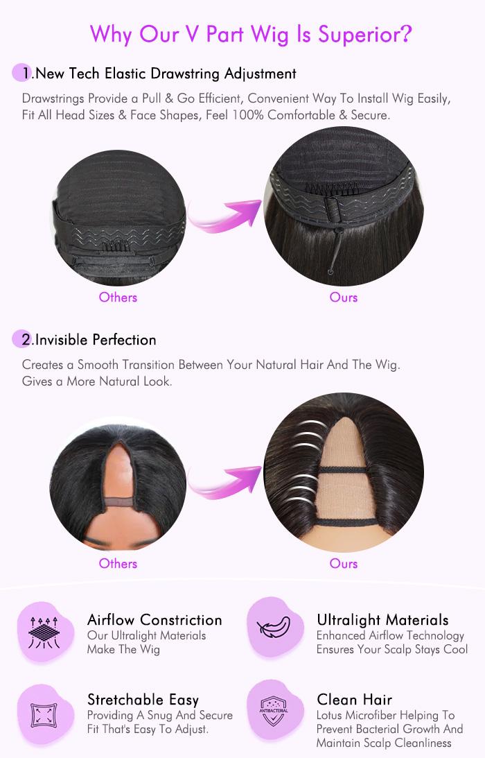 Celie Hair Pre-Styled Yaki Layered Body V Part Wig Invisible Drawstring Glueless Wig 180% Density Yaki Straight / Burmese Curly Human Hair Wigs Minimal Leave Out 100% Beginner Friendly