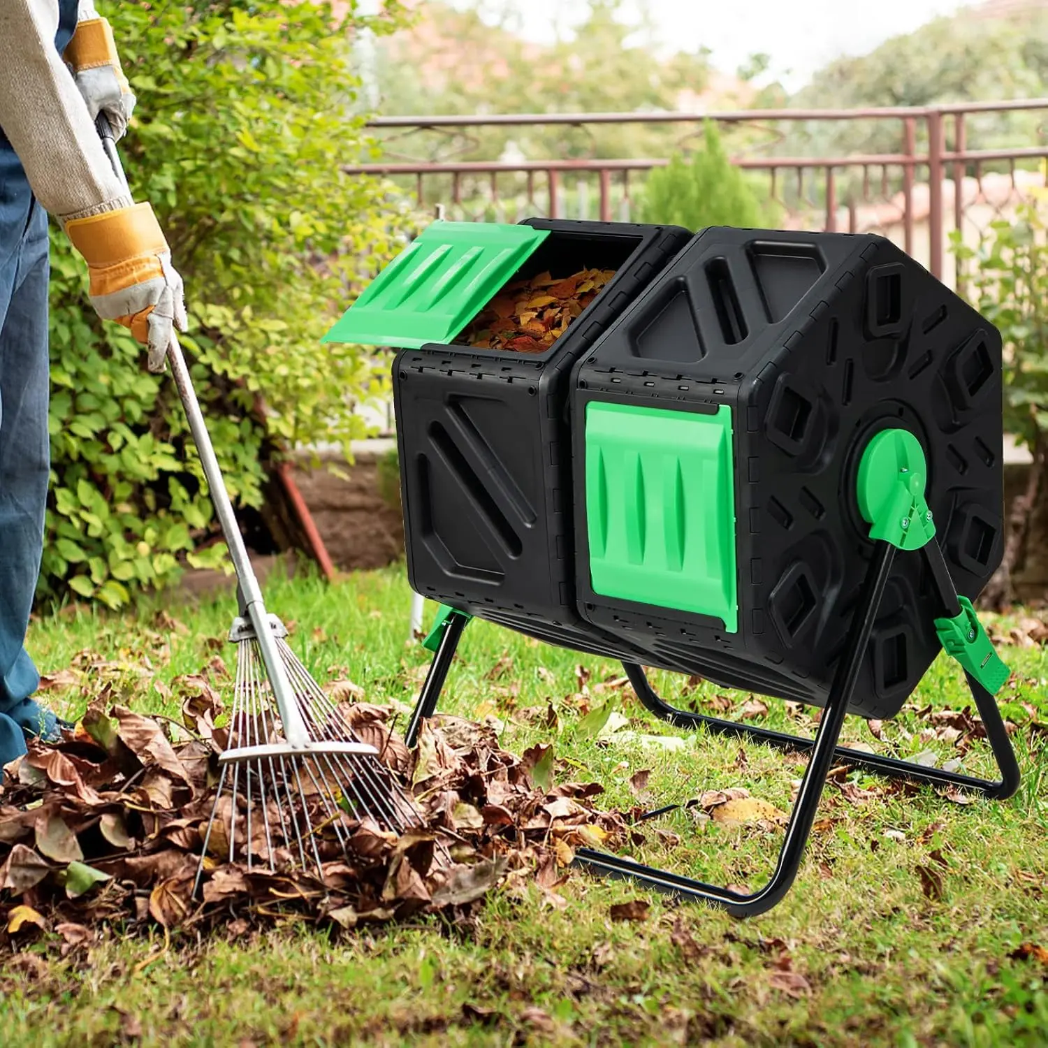 [Costway] Compost Bin, Dual Chamber 34.5 Gal Compost Tumbler with 2 Rotating Chambers, Sliding Doors, High-Volume Outdoor Garden Composter, Rotating Composting Bin for Garden Yard, BPA Free