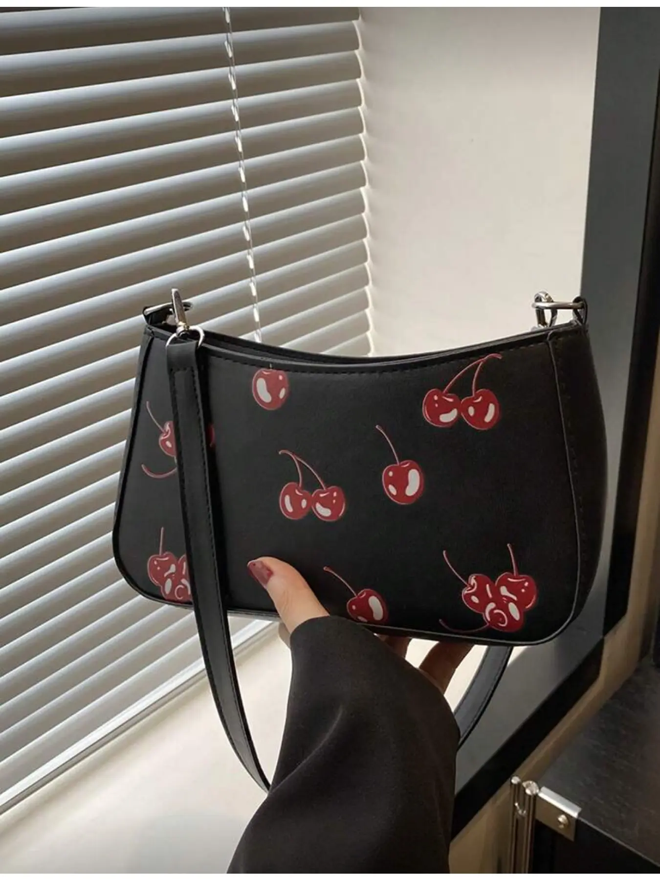 Women Crossbody Bag Cherry Print Fashionable Small Purse for Teen Girls College Students Office Ladies Work Commute Travel Shopping Outdoor Casual Daily Use Lightweight Mini Shoulder Bag with Adjustab