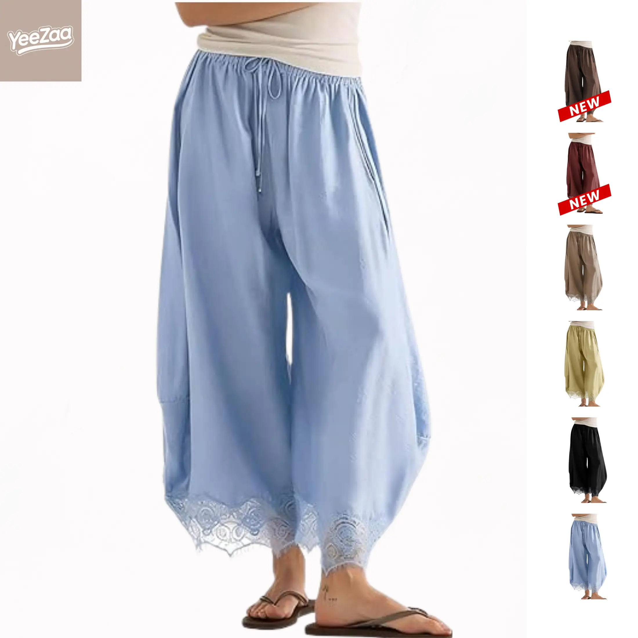 YeeZaa Lace Satin Pants Cropped Boho Beach Pant 2026 Summer Sale Fall Fashion Pants Drawstring High Waist Wide Leg Pants Summer Lightweight Lounge Trousers Casual Elastic Waisted Vacation Outfits with Pockets