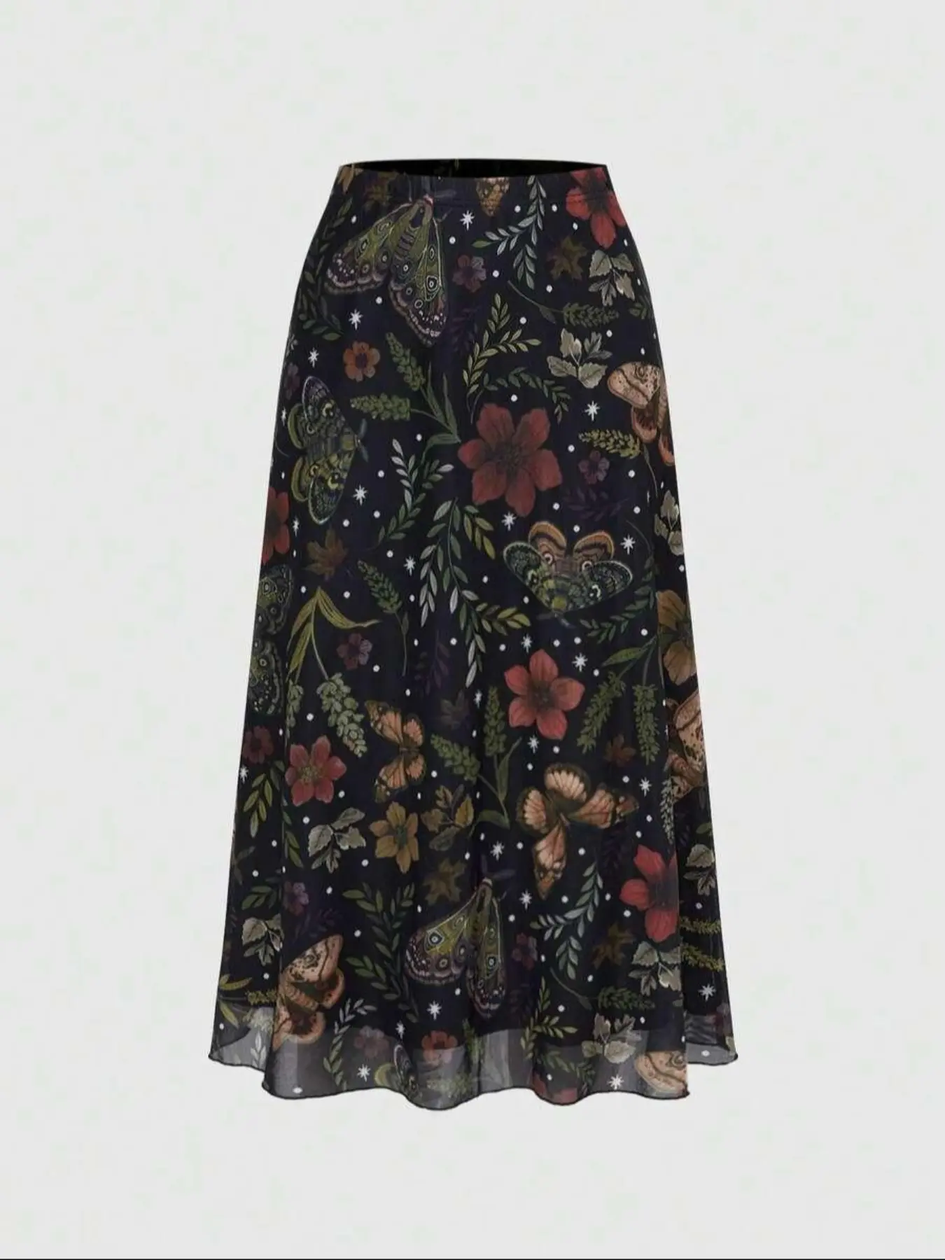 Fairycore Bohemian Women's Gothic Punk A-Line Skirt, Bat Butterfly Spider Print, Leaf Pattern, Plant, Floral, All Seasons, Elegant Party Dress, Long Flared Skirt