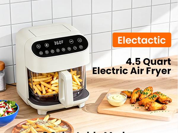 4.5 QT Glass Air Fryer - PFAS-Free & Dishwasher-Safe Basket, 8 Preset Touchscreen, 360° View Cooking, for Healthy Meals in Minutes - White