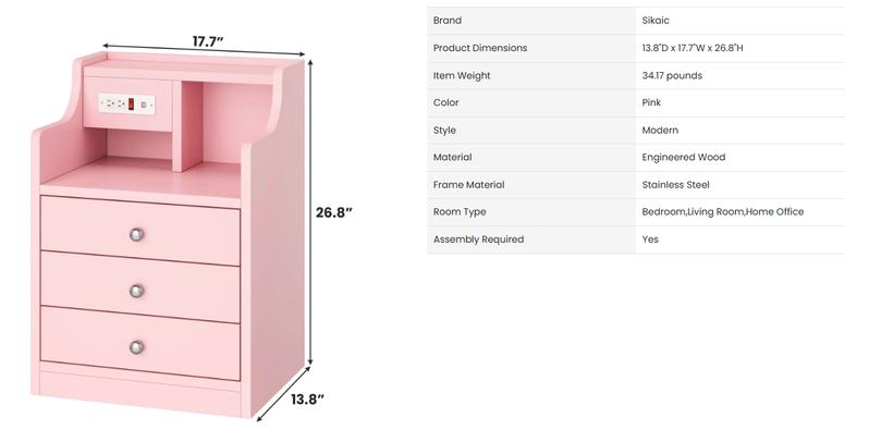 Sikaic Nightstand with 3 Drawers Charging Station Pink