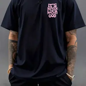 Women's Summer Round Neck Short Sleeve Casual-Shirt With Slogan Print IT'S NEVER LUCK IT'S GOD Graphic Tees Women Tops