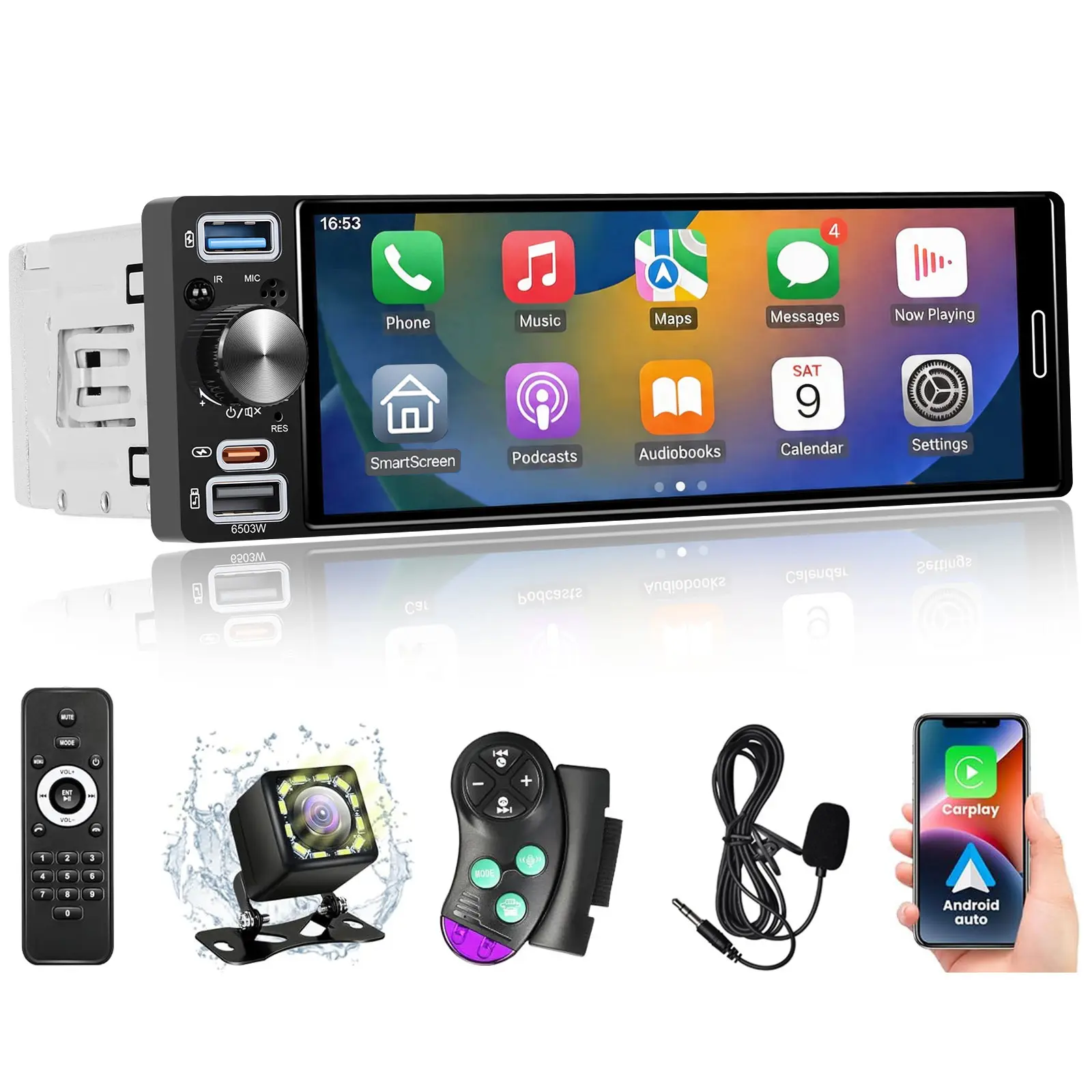 FYPLAY Single Din Car Stereo Receiver with Wireless Apple CarPlay & Android Auto, 6.5” InCell Touchscreen Radio, 1080P Backup Camera, Mirror Link, Bluetooth 5.2, GPS Navigation, AM&FM&RDS, Type-C Fast Charging cars accessories (Audio Accessory) Head Unit