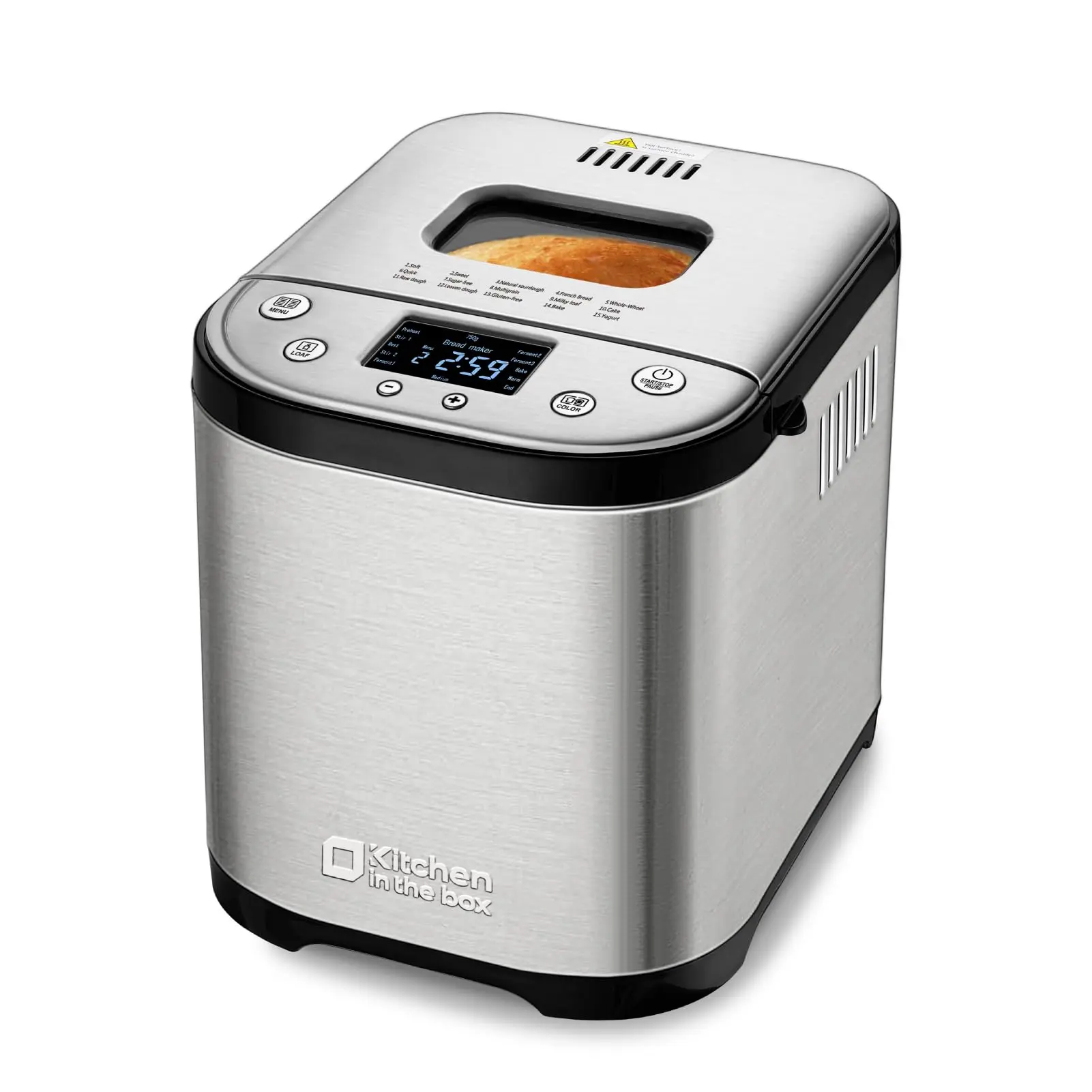 Bread Maker Machine, Stainless Steel Automatic Bread Machine with 15 Menu Options, 3 Loaf Sizes up to 2 Lb, 3 Crust Colors, Removable Nonstick Baking Pan & Kneading Paddle