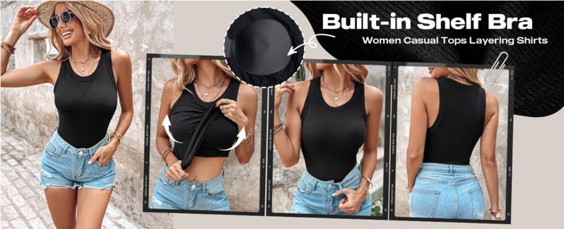 Chicme 2-Piece Ribbed Built-in Bra Tank Top Round Neck Ribbed Tank With Bra Pads Athletic Tank Tops for Women