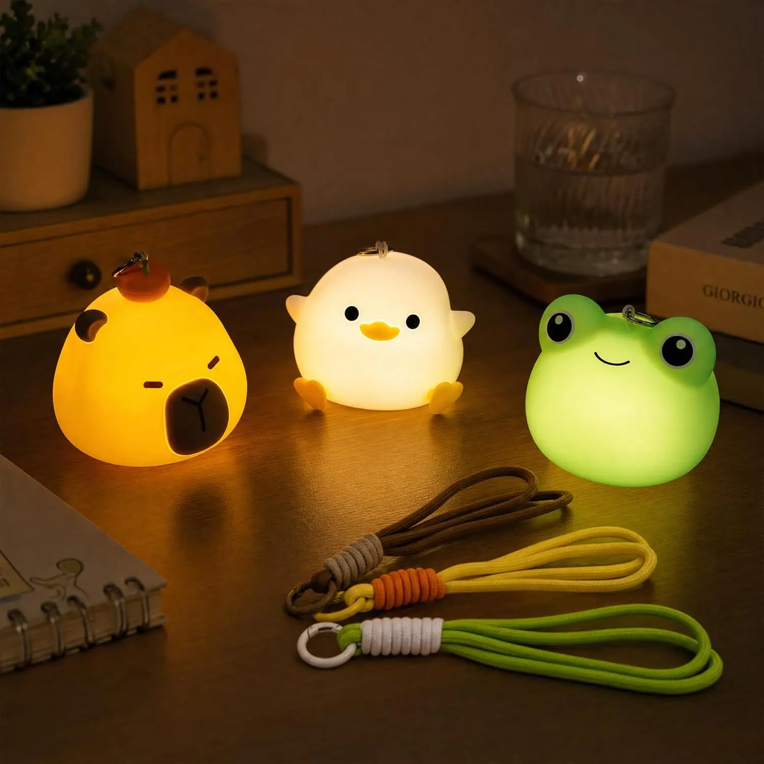 UNEEDE 3-Pack Mini Animal Night Light Set - Capybara, Frog & Duck Lamps with Lanyards, Rechargeable Color Changing Lighting, Silicone Squishies Toys, Decorative Lamps for Kids' Bedroom Lighting, Kawaii Gifts
