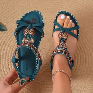 Spring/Summer New Arrivals Women's Fashionable Rhinestone Flower Casual Retro Versatile Flat Sandals, perfect for the beach and seaside.