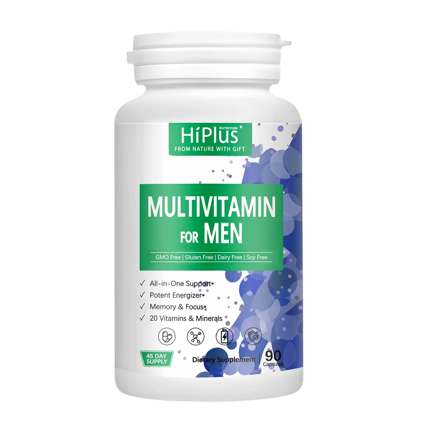 HiPlus Men's Multivitamin Dietary Supplement - with Vitamin D, C, B12, Zinc & Essential Minerals, Supports Energy, Focus, Fitness Stamina - 90 Capsules